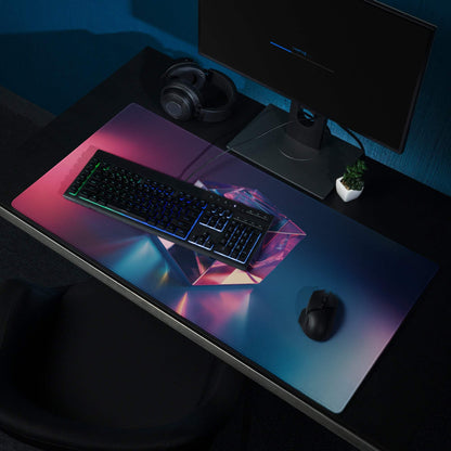 Large neon gradient gaming mouse pad with pink blue geometric design