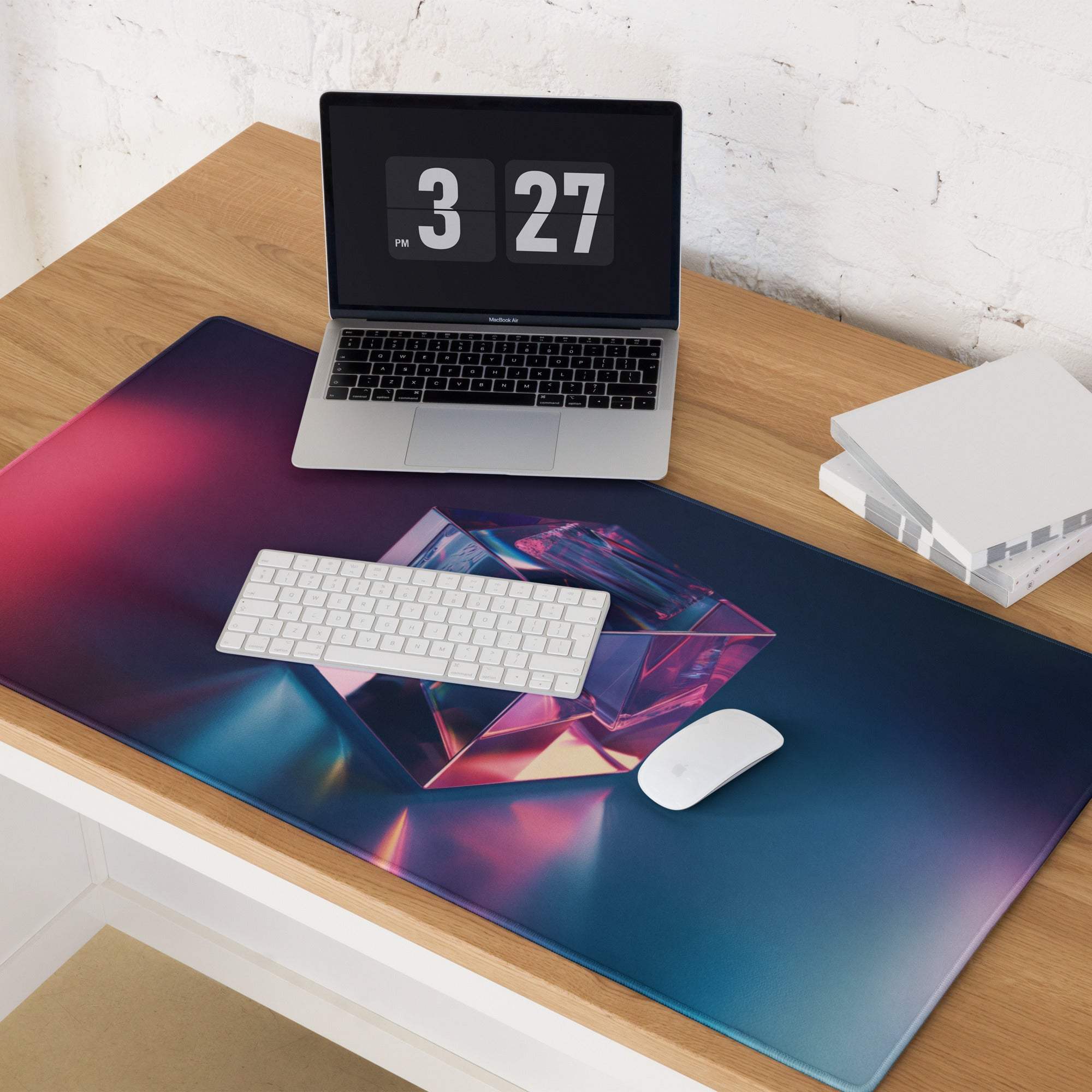 Large neon gradient gaming mouse pad with purple blue geometric design