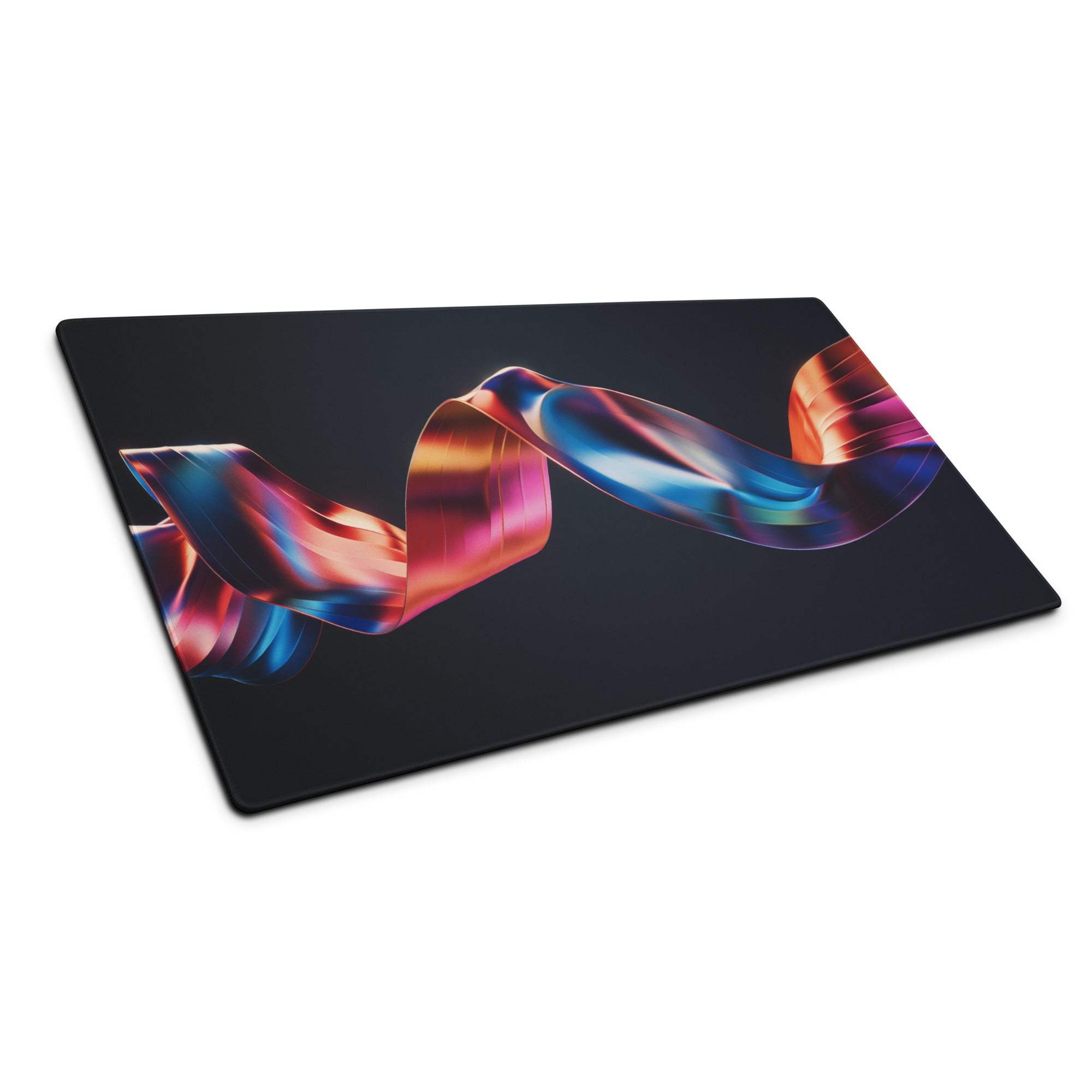Black rectangular gaming mouse pad with colorful iridescent ribbon design