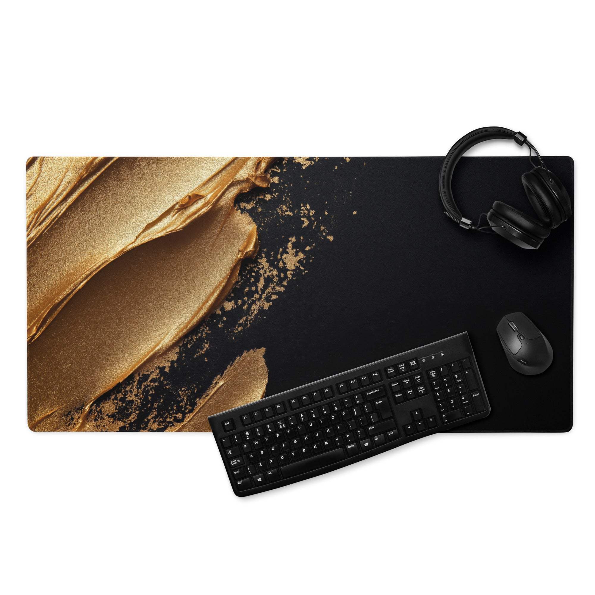 Premium large gaming mouse pad with black gold abstract paint-splatter design