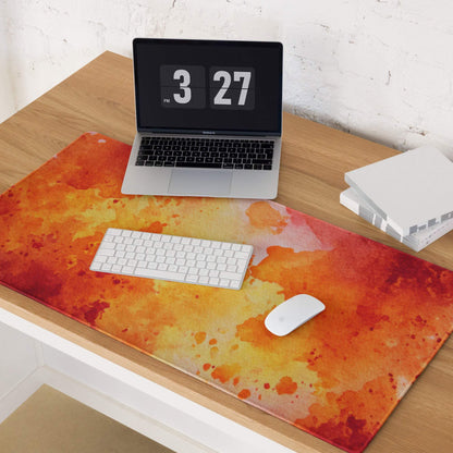 Vibrant orange yellow watercolor gaming mouse pad with non-slip base stitching