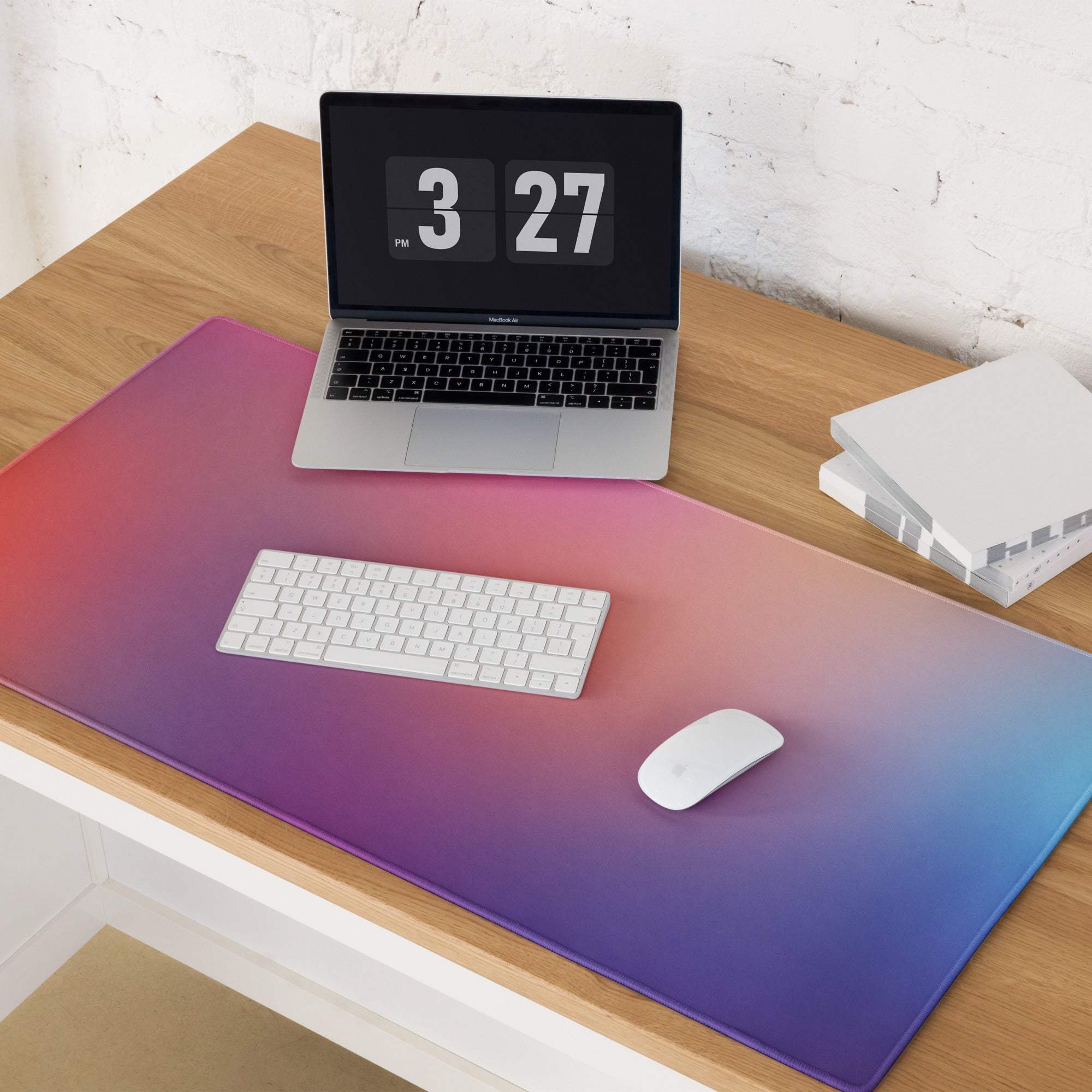 Premium large gradient sunset desk mat with pink to purple to blue glow, non-slip base and stitched edges