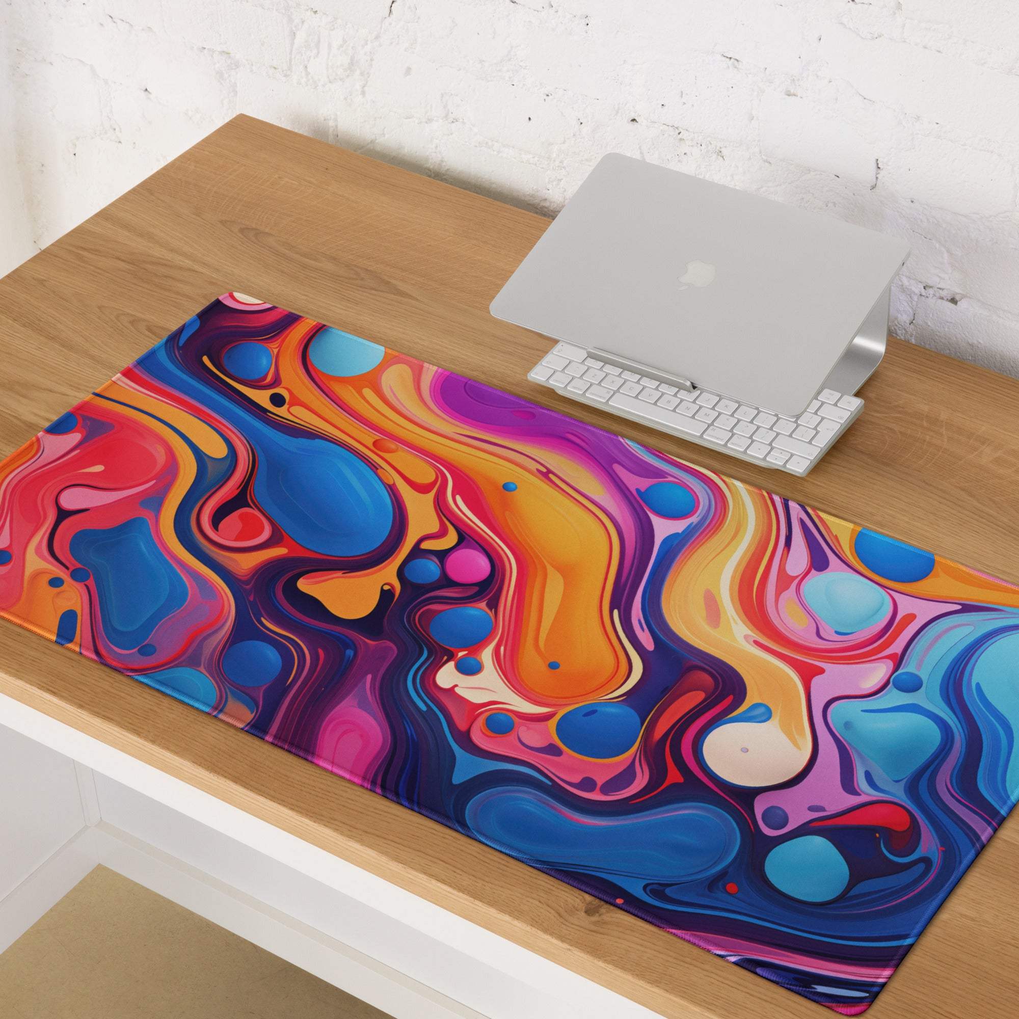 Vibrant abstract swirl gaming mouse pad in blues oranges pinks purples large non-slip base