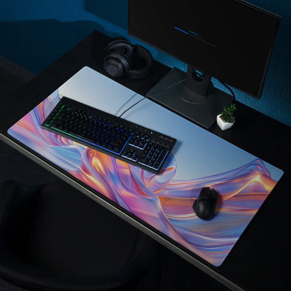 Vibrant pink purple orange swirl gaming mousepad with non-slip base stitching