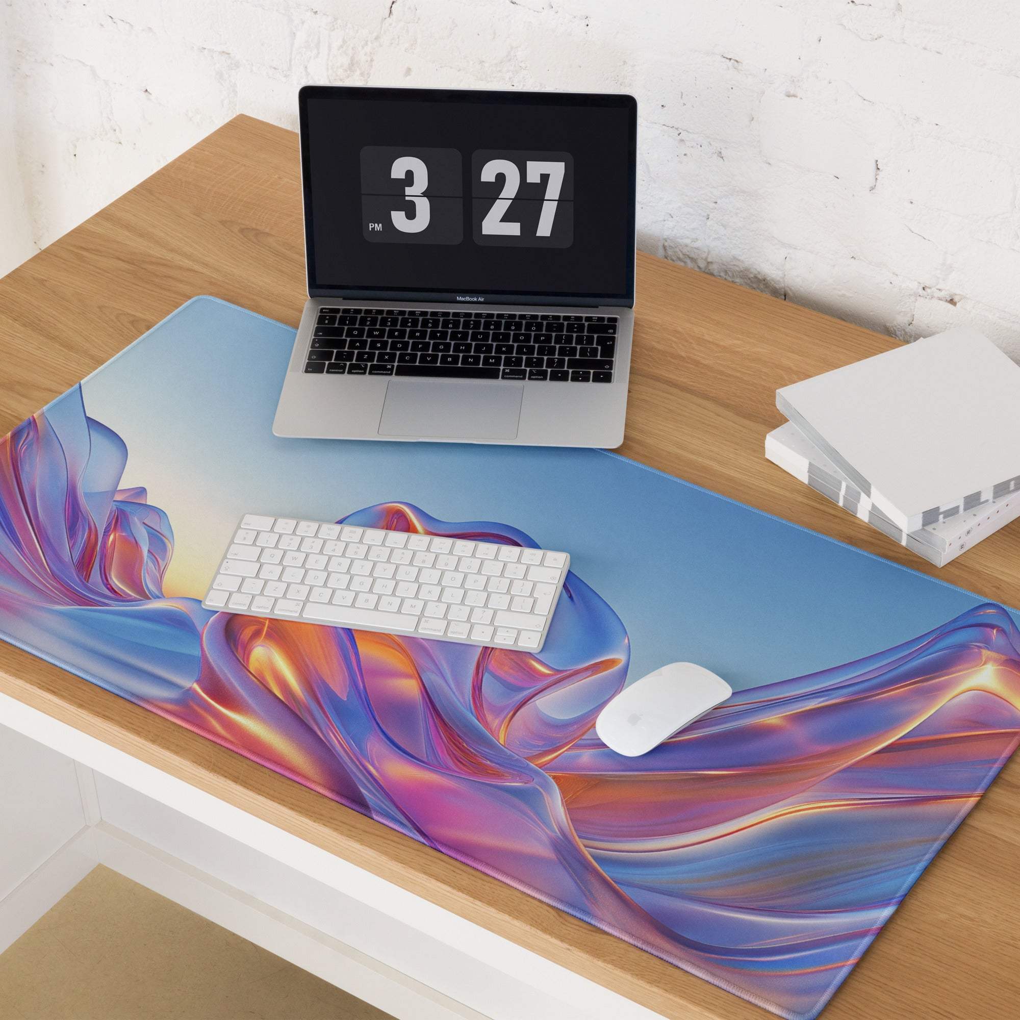 Vibrant blue purple orange wave gaming mousepad with non-slip base stitching