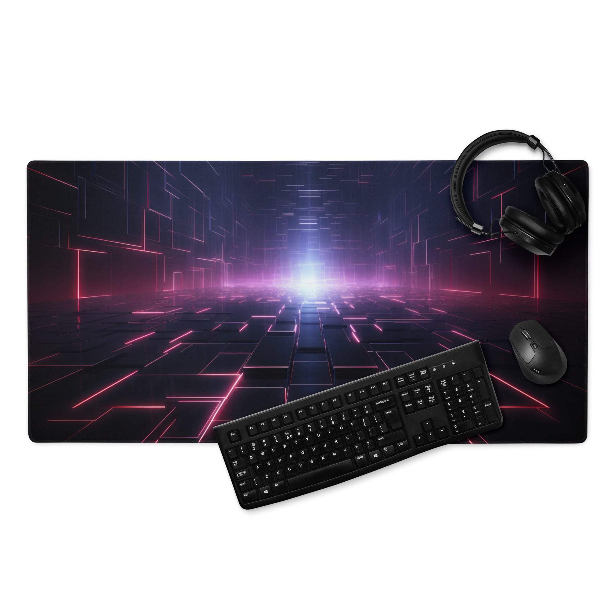 Black gaming mousepad with neon pink purple digital tunnel design