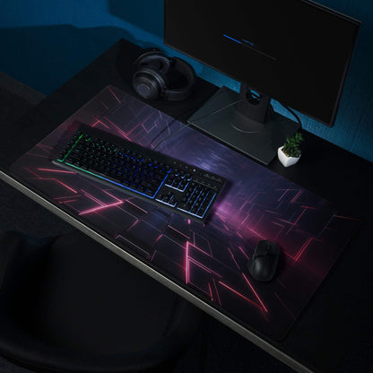 Sleek black gaming mousepad with pink blue neon geometric patterns, non-slip base, stitched edges