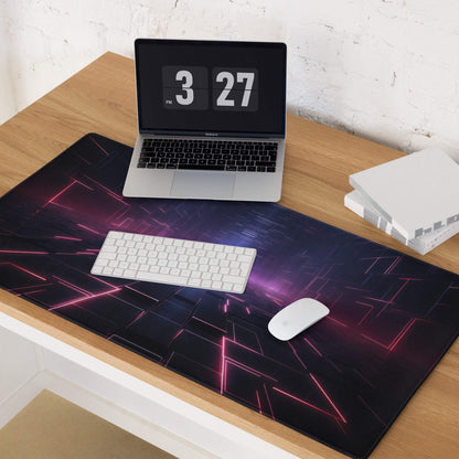 Black gaming mousepad with pink neon geometric patterns and purple gradient