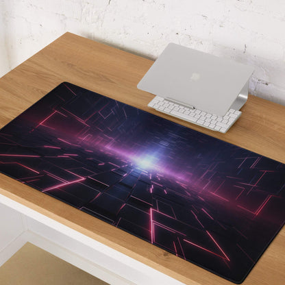 Sleek black gaming mouse pad with neon pink purple glow tunnel, non-slip base, stitching