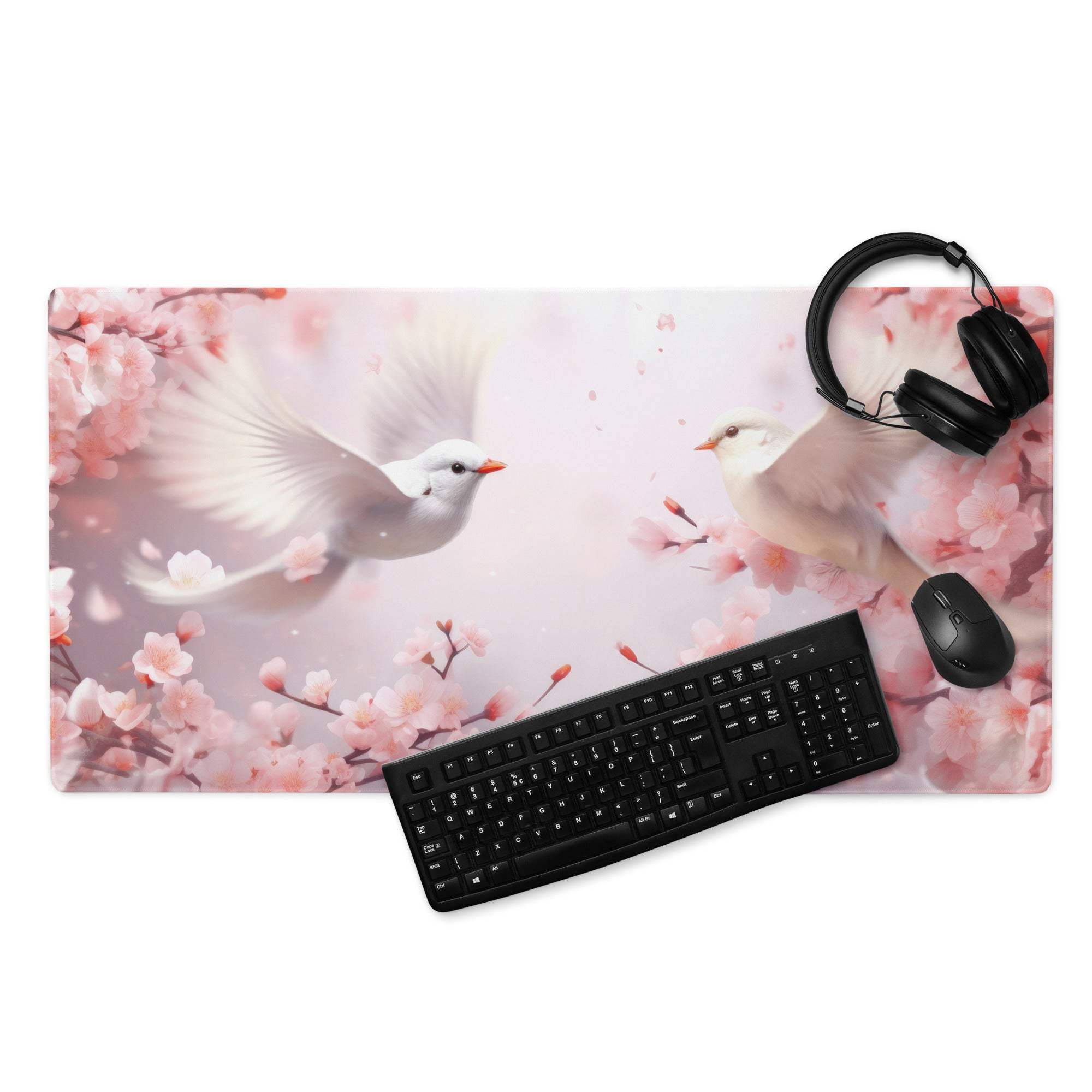 Pink cherry blossom gaming mousepad with flying white doves