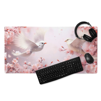 Pink cherry blossom gaming mousepad with flying white doves