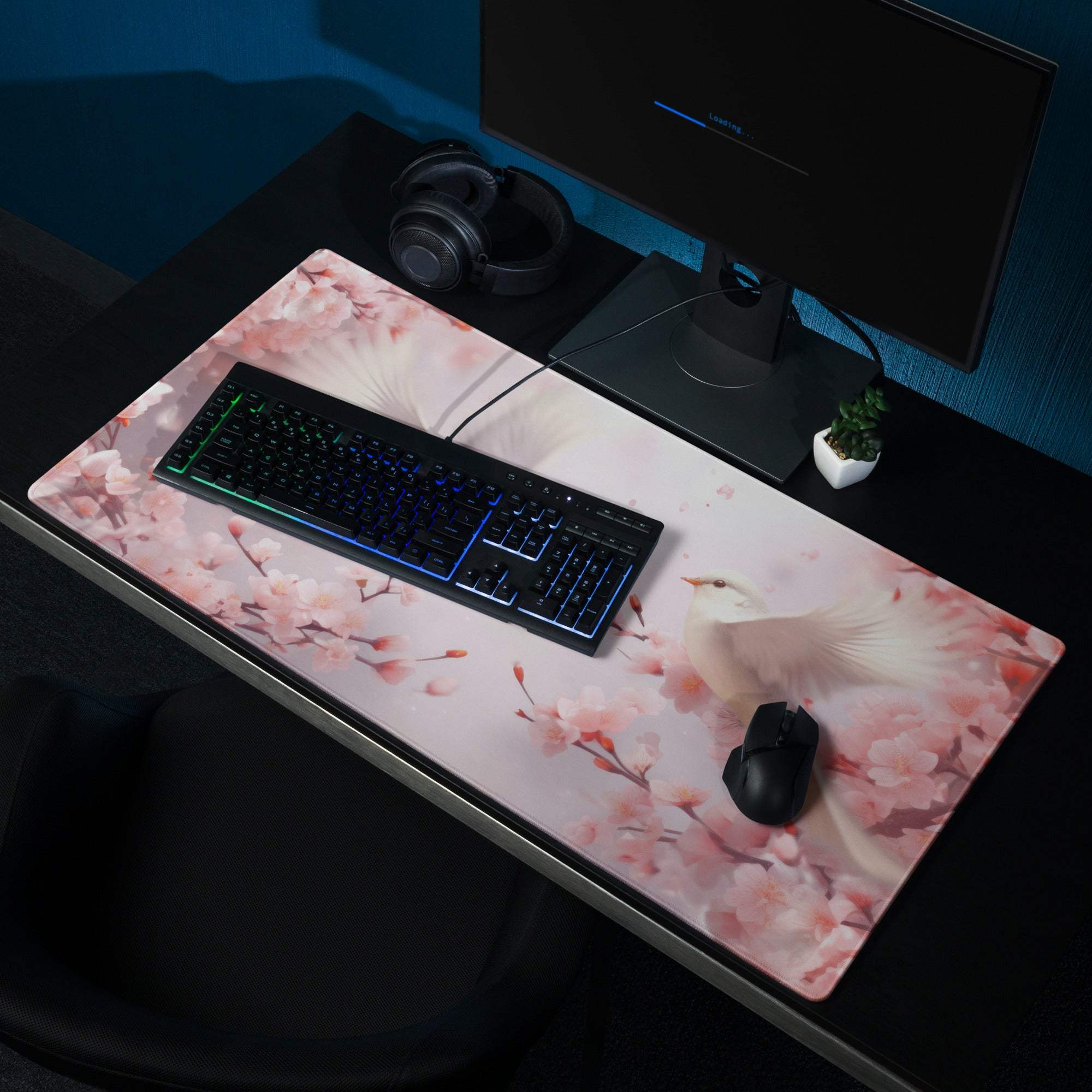 Pink cherry blossom and white dove gaming mouse pad