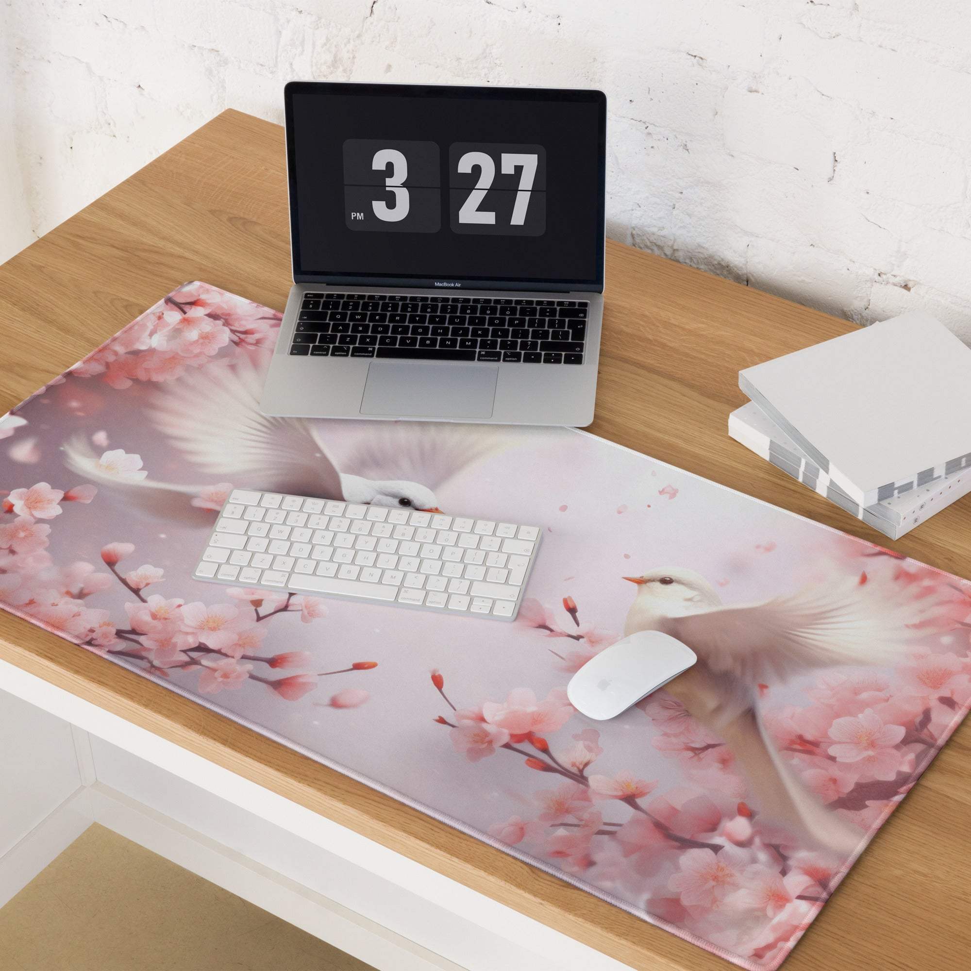 Pastel floral doves cherry blossom gaming mouse pad with pink white design