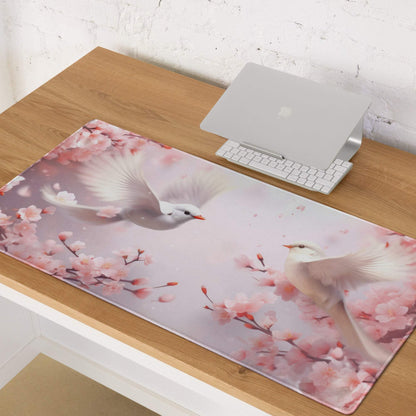 Pink cherry blossom gaming mousepad with white doves in flight