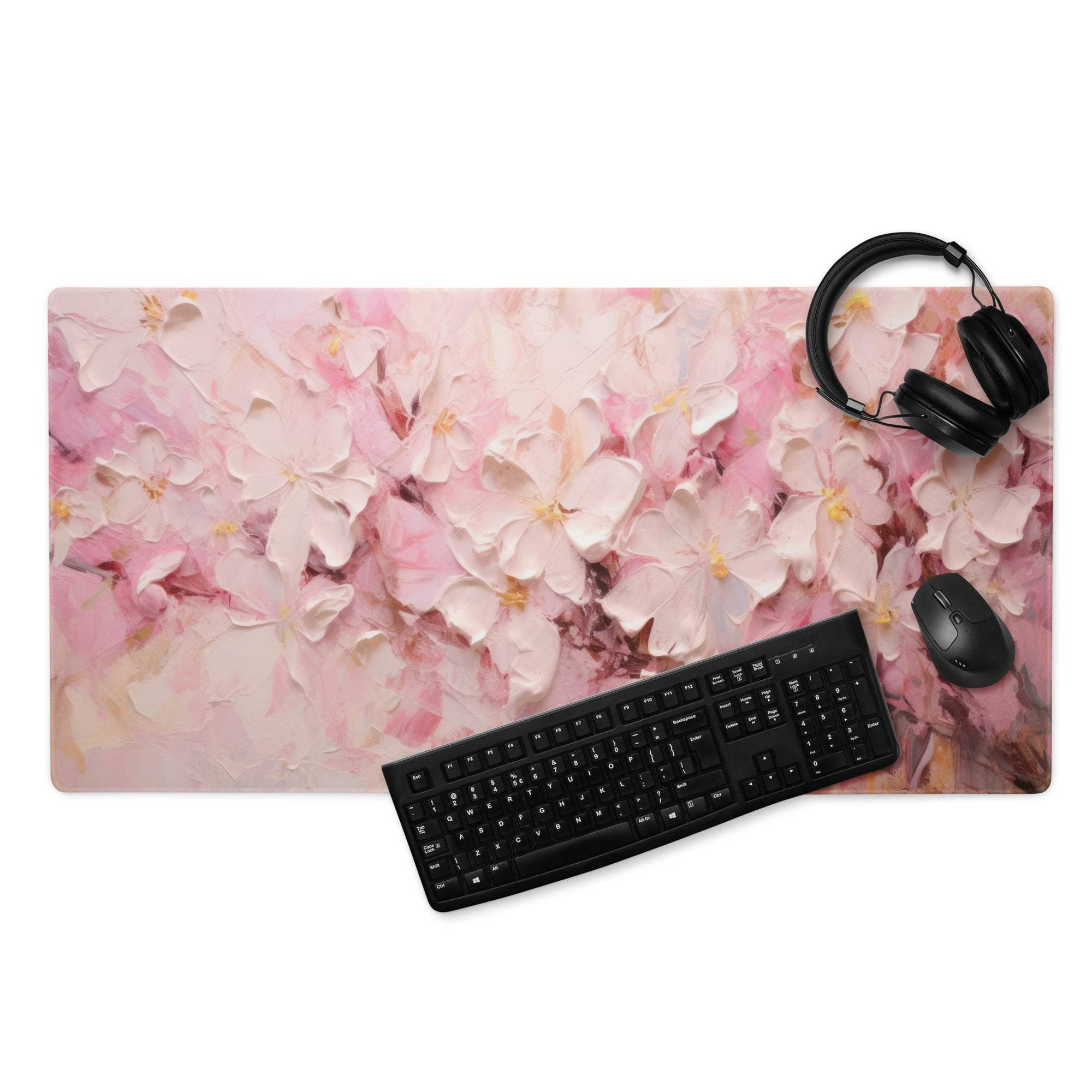 Elegant floral pink gaming mouse pad with large surface, non-slip backing and stitched edges