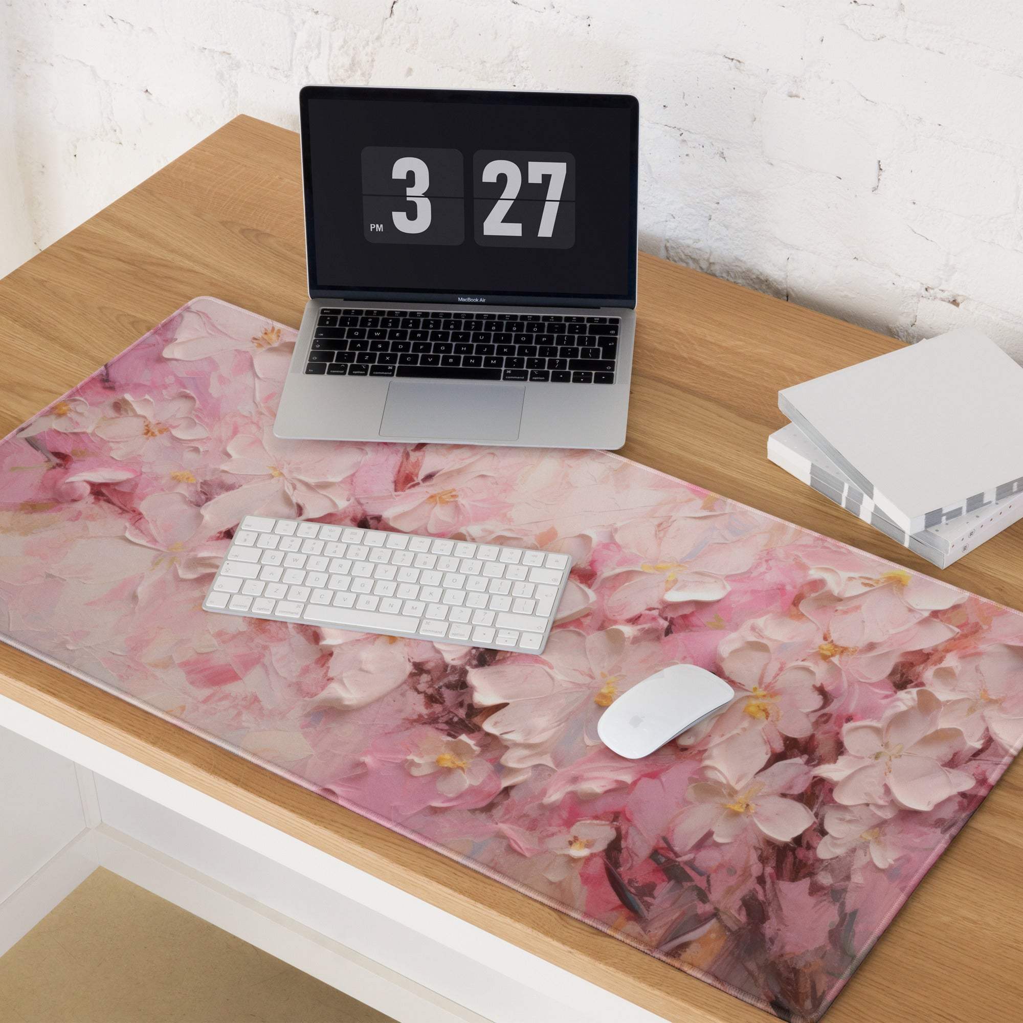 Pink floral gaming mouse pad with large surface, non-slip backing, edge stitching