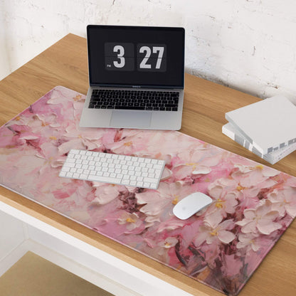 Pink floral gaming mouse pad with large surface, non-slip backing, edge stitching