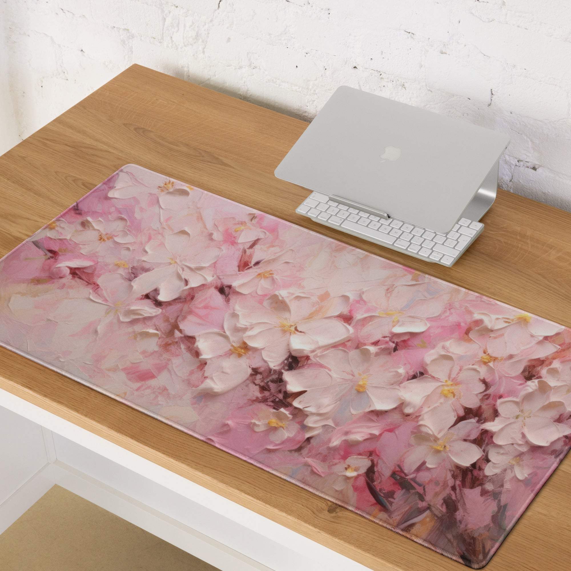 Elegant pink cherry blossom gaming mouse pad with non-slip backing