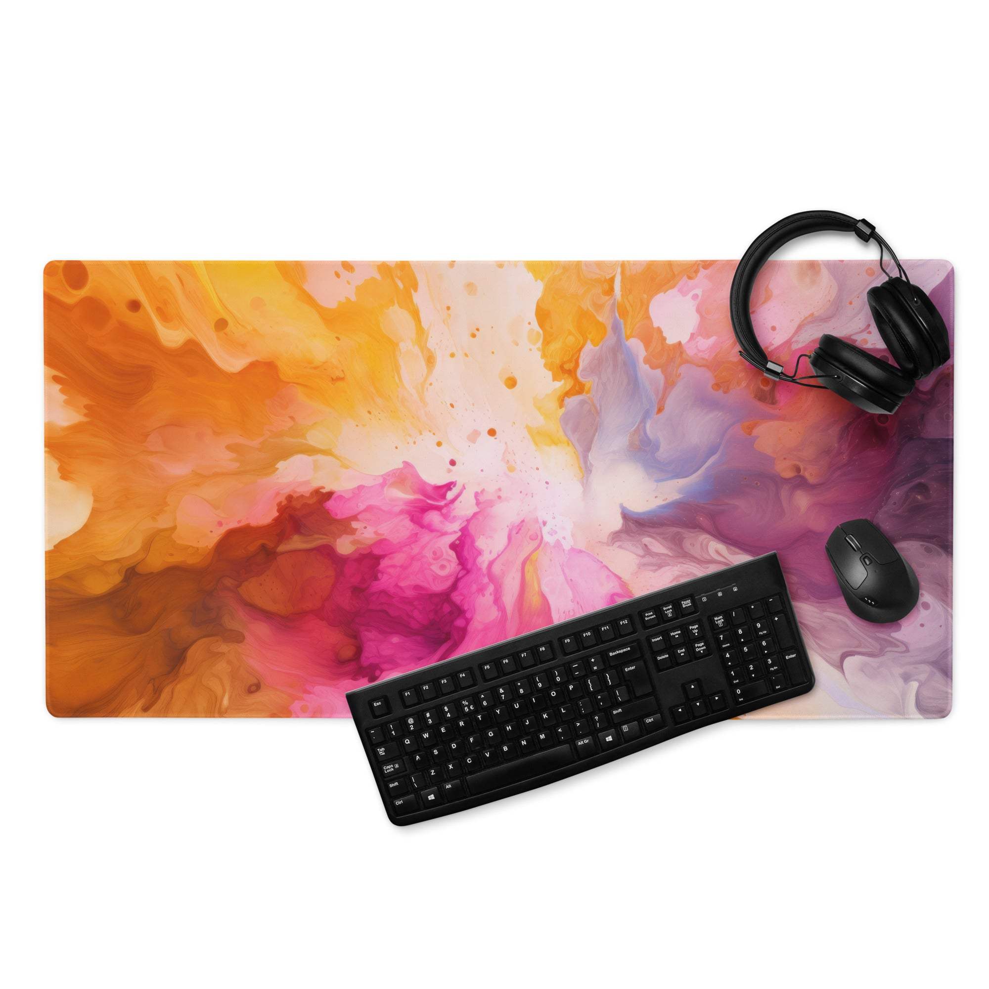 Vibrant orange pink abstract paint splash on large non-slip gaming mouse pad