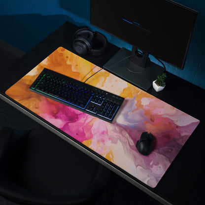Vibrant orange pink abstract paint-splatter gaming mouse pad large non-slip glossy surface
