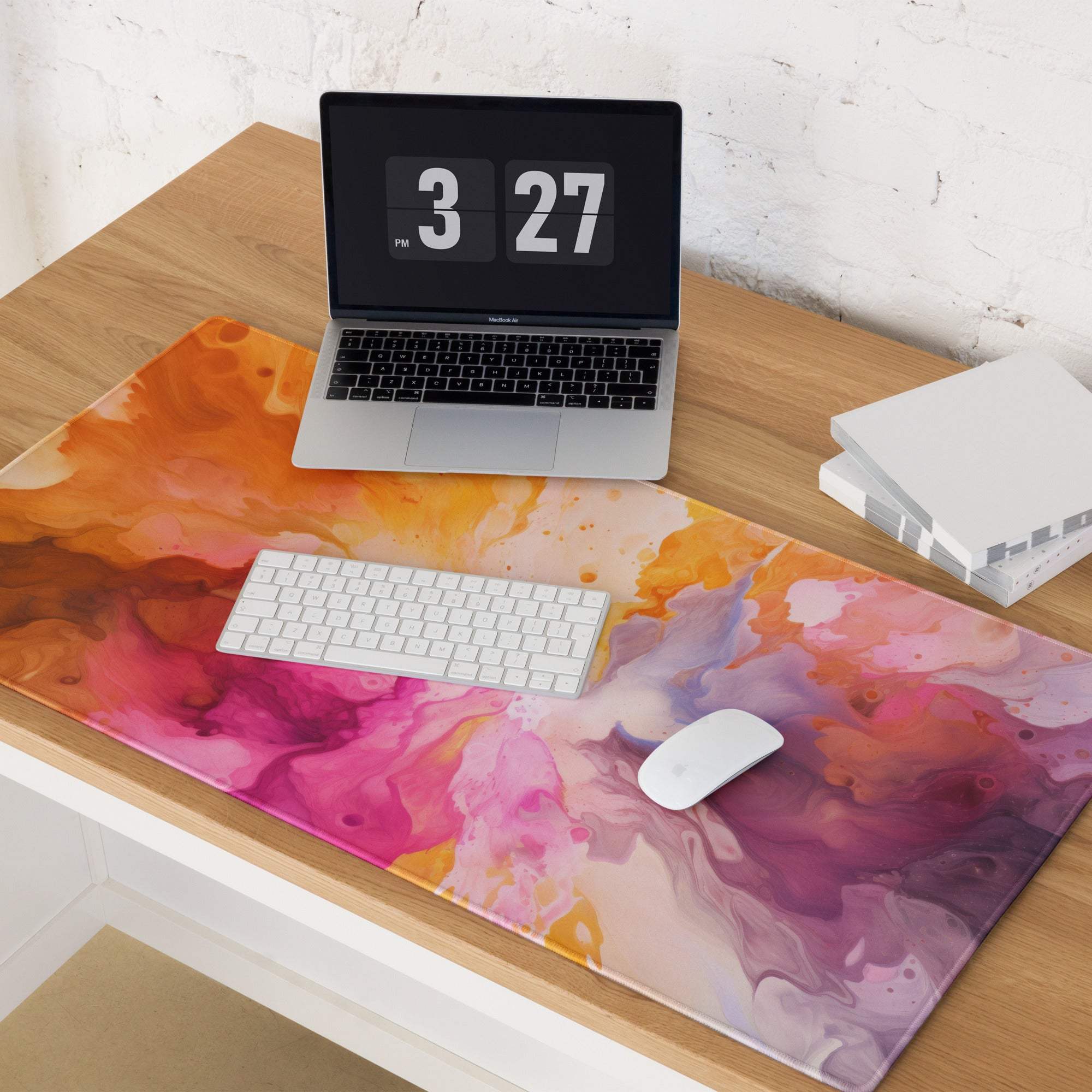 Vibrant abstract watercolor gaming mouse pad in orange pink purple swirls large non-slip