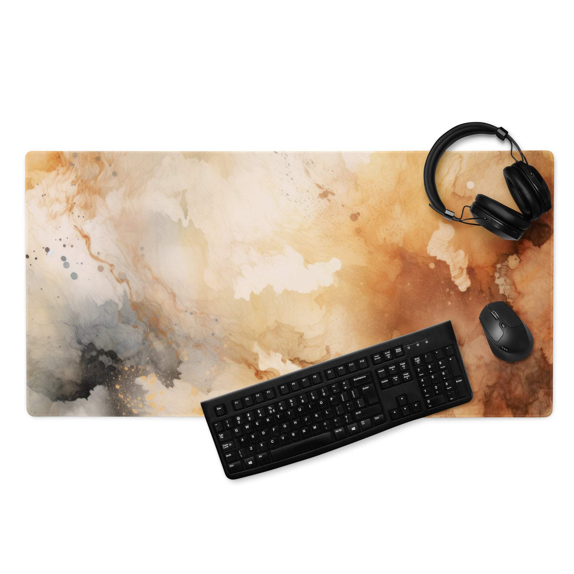 Large abstract watercolor gaming mouse pad in warm beige brown tones