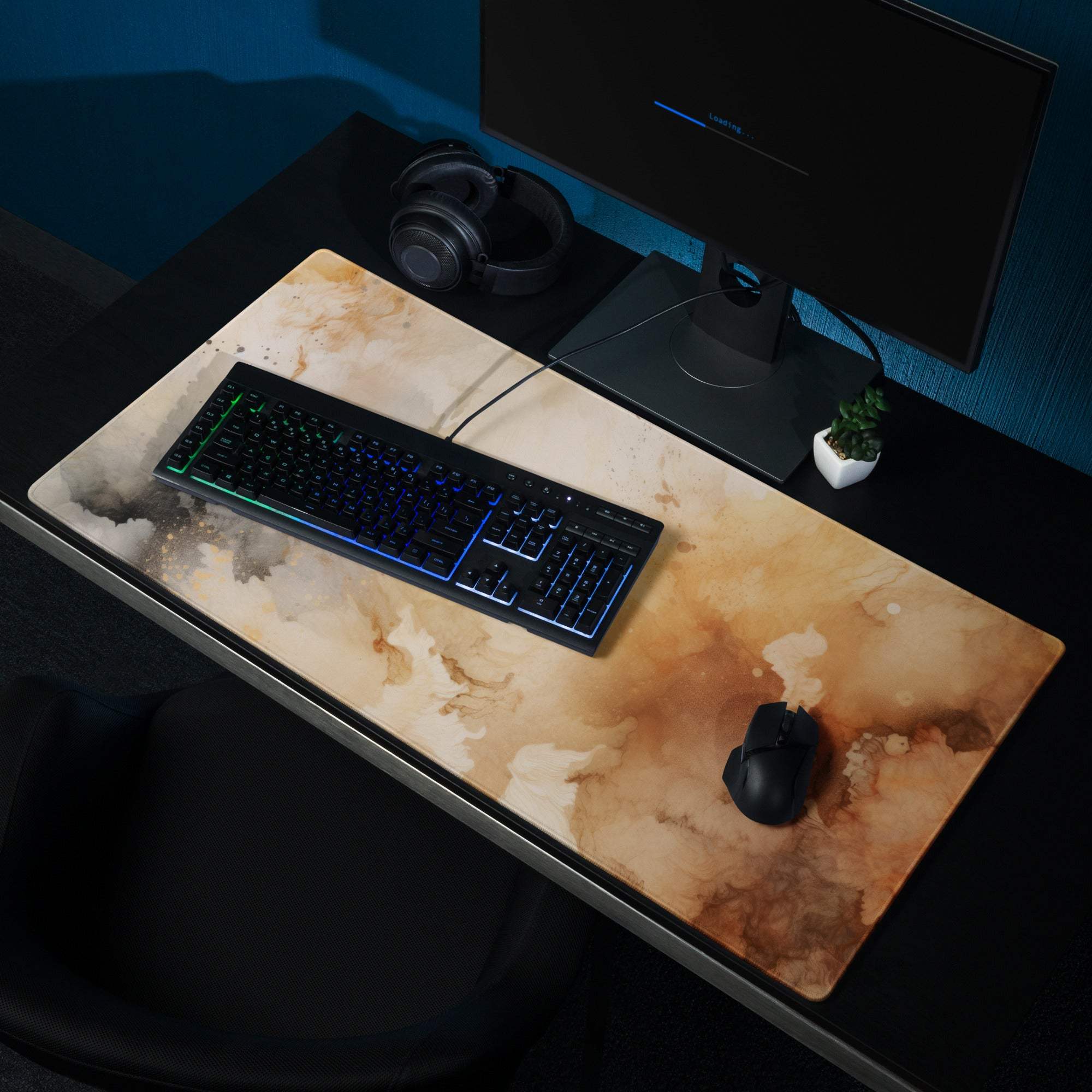 Large abstract watercolor gaming mouse pad in beige brown marble, non-slip base