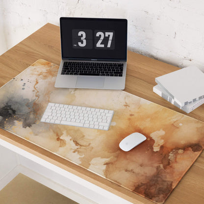 Large abstract watercolor gaming mouse pad in beige brown gray tones with non-slip base