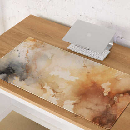 Large abstract watercolor gaming mouse pad in beige brown tones with non-slip base