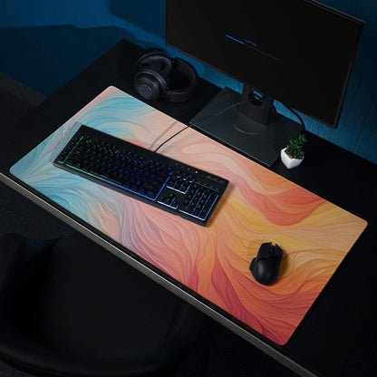 Large colorful swirl gaming mouse pad with non-slip backing and edge stitching