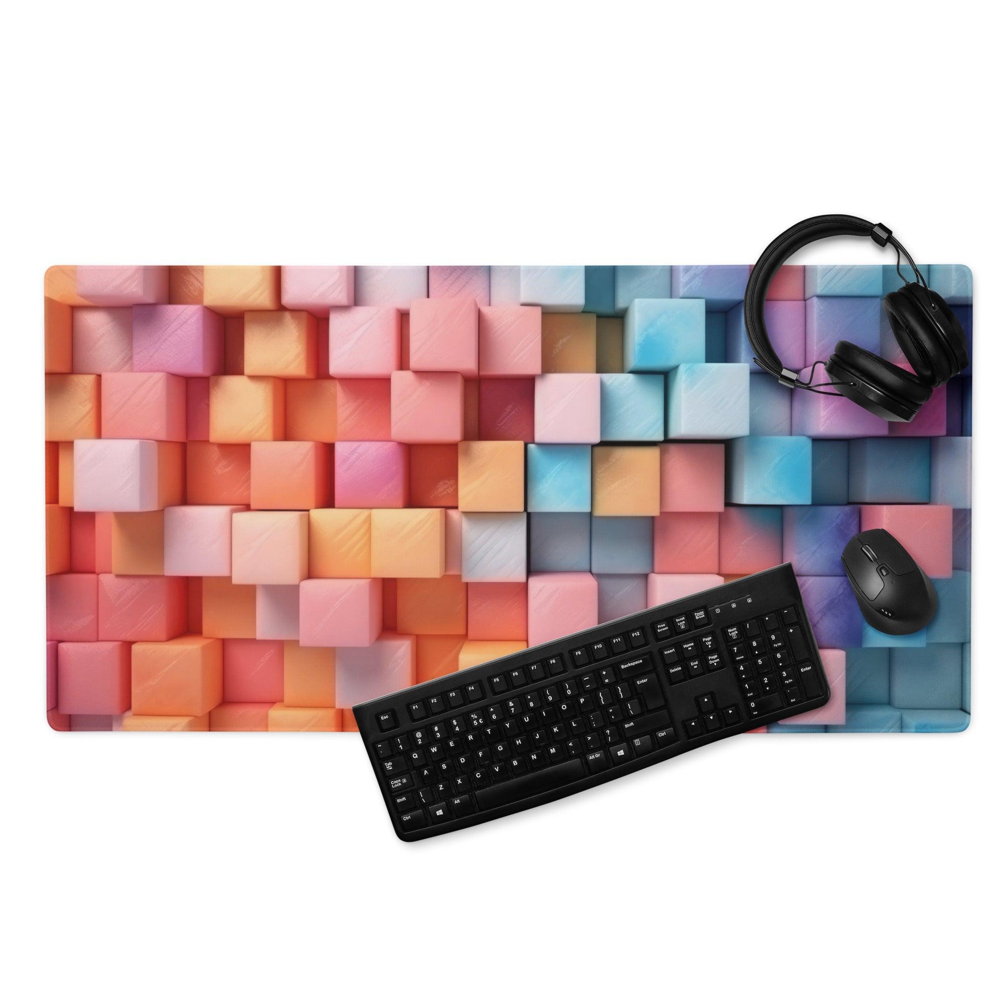 Vibrant rainbow cube pattern gaming mouse pad with large surface and edge stitching