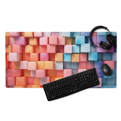 Vibrant rainbow cube pattern gaming mouse pad with large surface and edge stitching