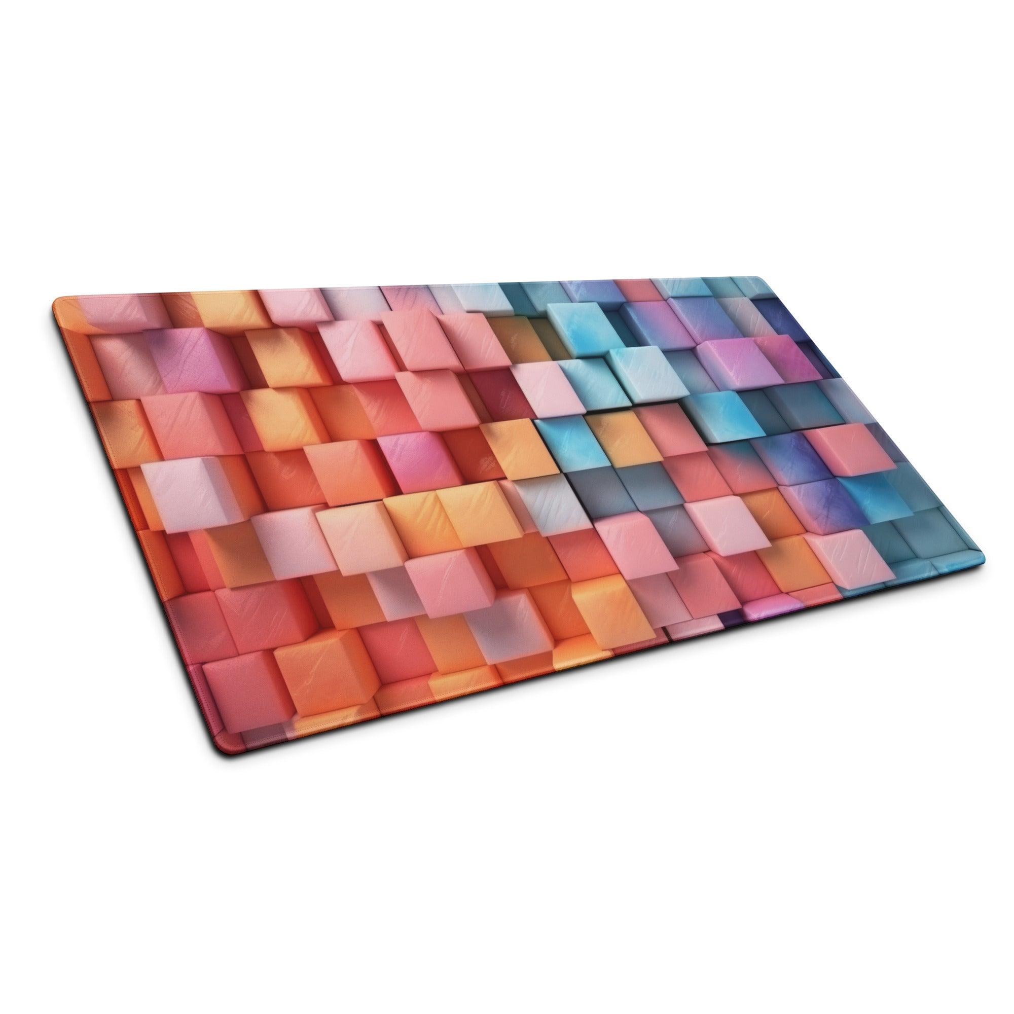 Vibrant rainbow cube mosaic glass cutting board with edge stitching