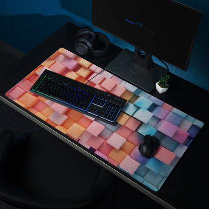 Vibrant rainbow cube gaming mouse pad with large surface and edge stitching