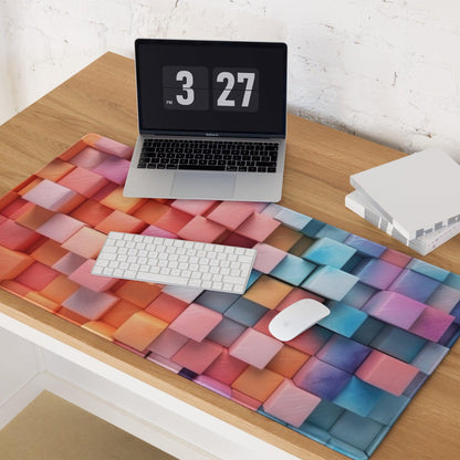 Vibrant rainbow cube pattern gaming mouse pad with large surface and edge stitching