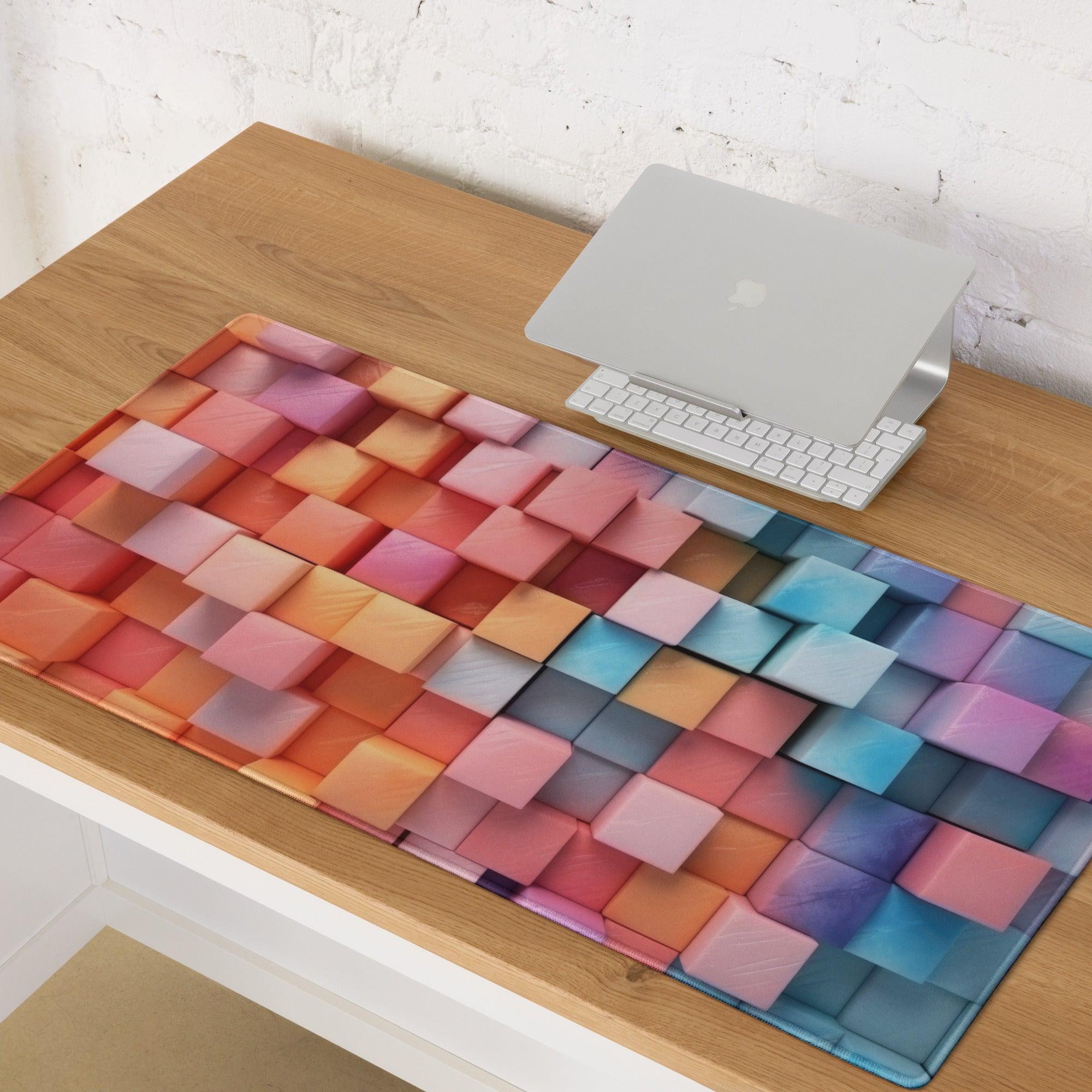 Vibrant rainbow cube pattern gaming mouse pad with large surface and edge stitching