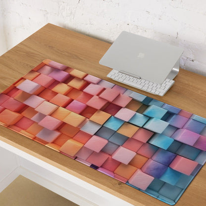 Vibrant rainbow cube pattern gaming mouse pad with large surface and edge stitching