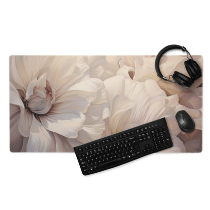 Elegant floral beige gaming mouse pad with large cream flowers and non-slip base