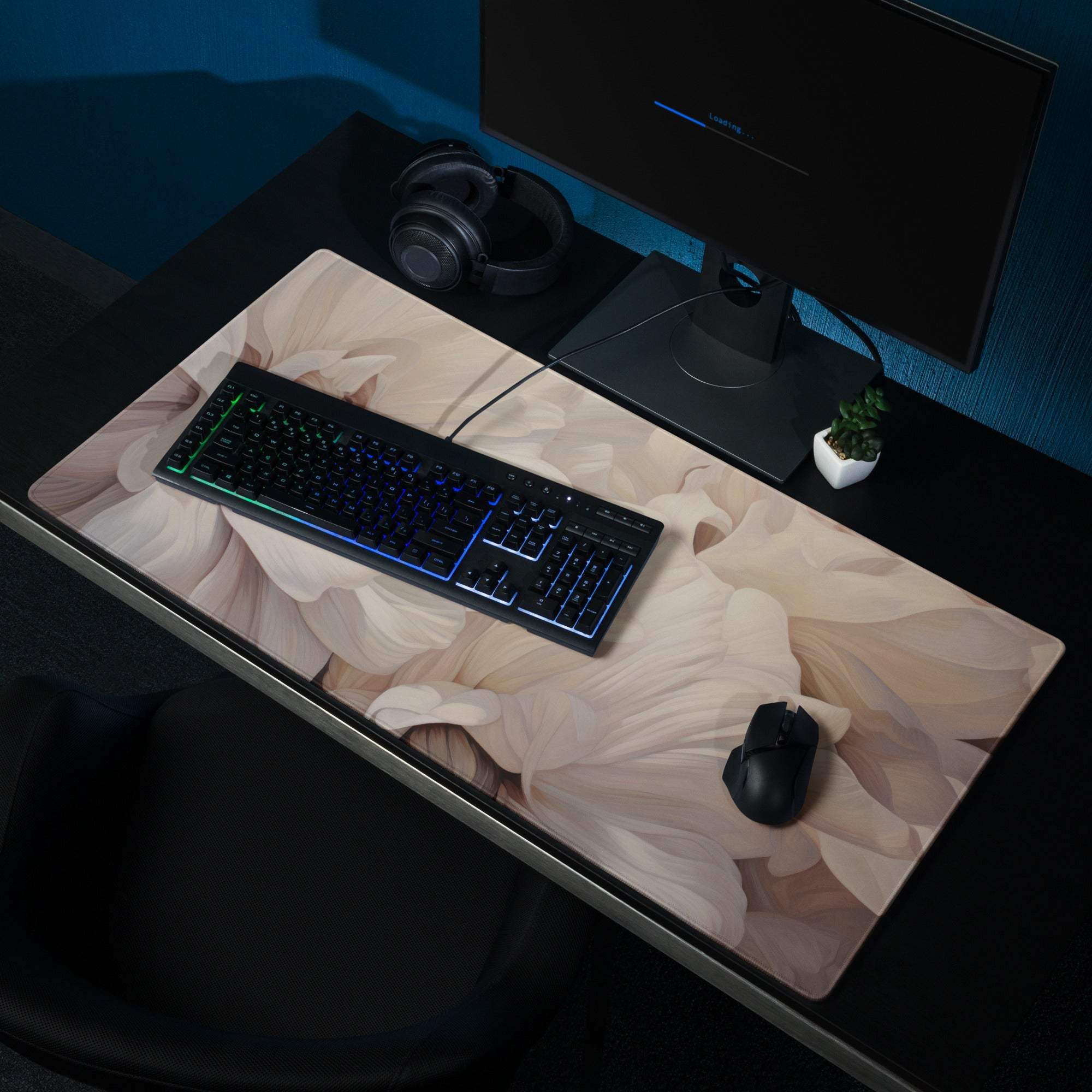 Elegant floral beige gaming mouse pad with large non-slip surface