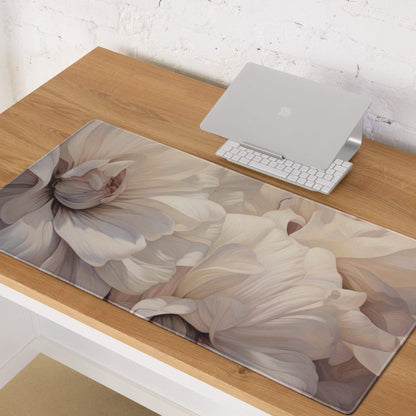 Elegant floral beige gaming mouse pad with large translucent flower print