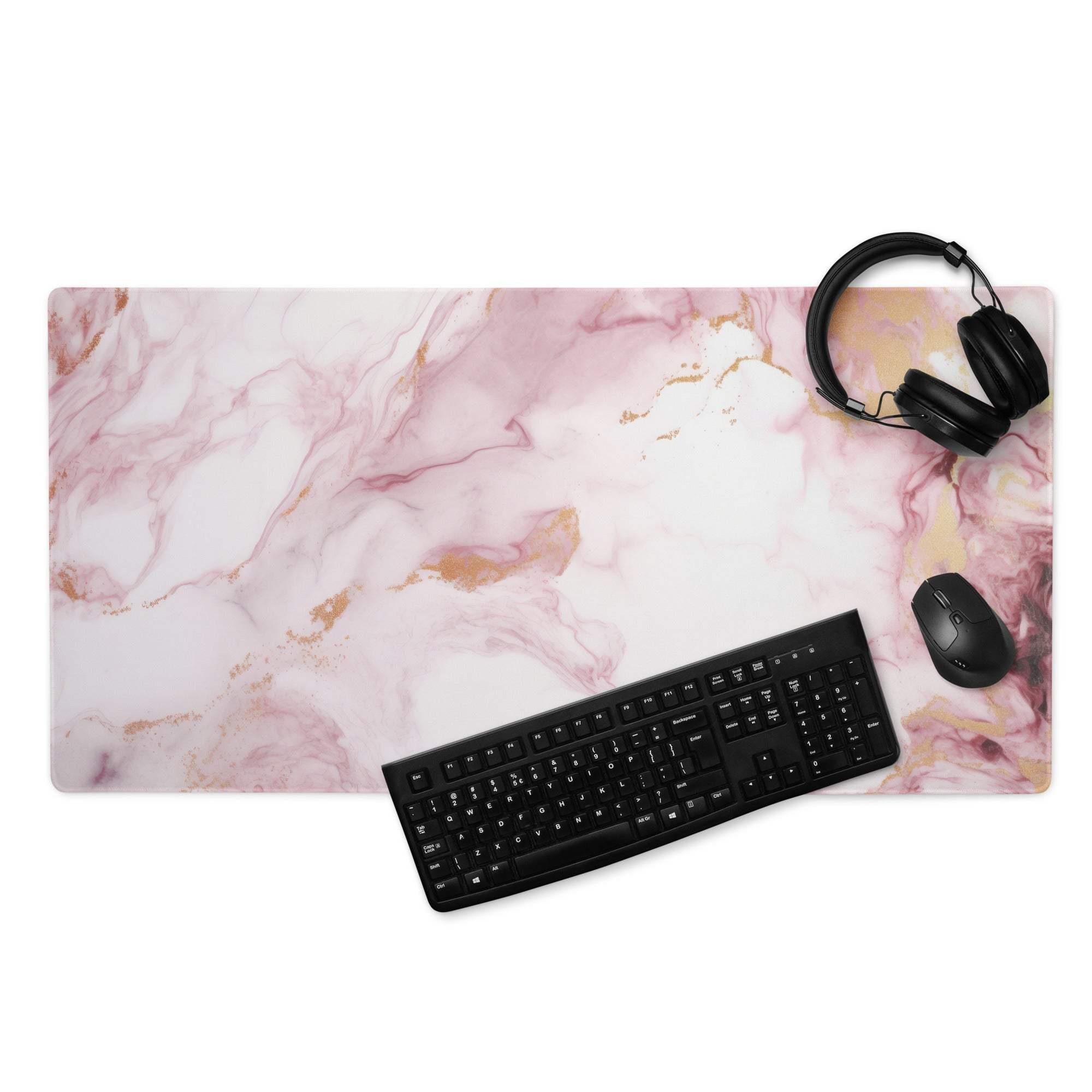 Elegant pink marble gaming mouse pad with gold veins, large non-slip stitched design