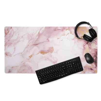 Elegant pink marble gaming mouse pad with gold veins, large non-slip stitched design