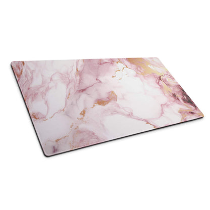 Elegant pink marble gaming mouse pad with gold veins, glossy finish
