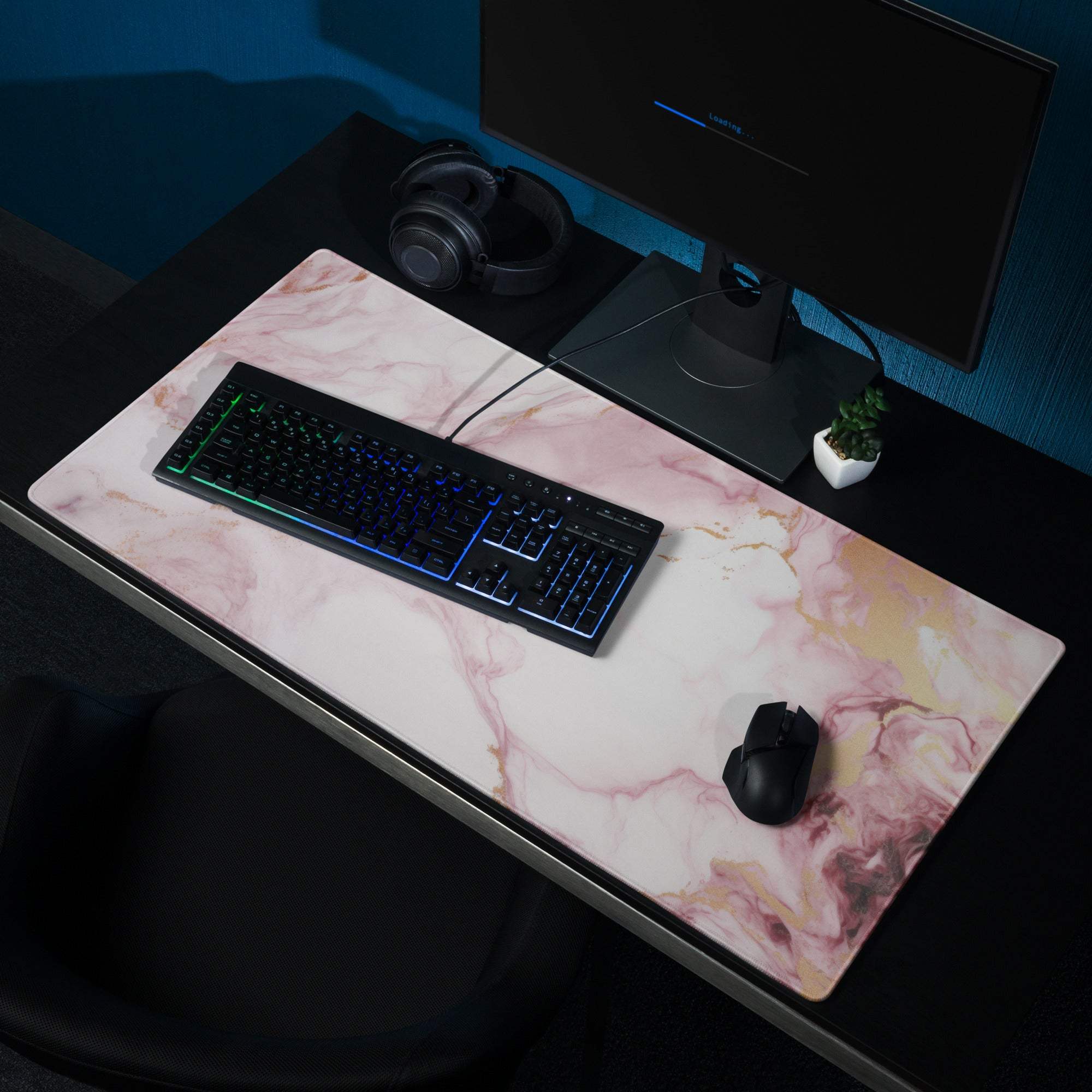 Elegant pink marble gaming mouse pad with gold veins, large non-slip stitched design
