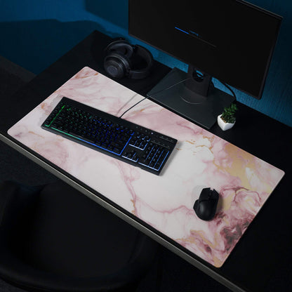 Elegant pink marble gaming mouse pad with gold veins, large non-slip stitched design