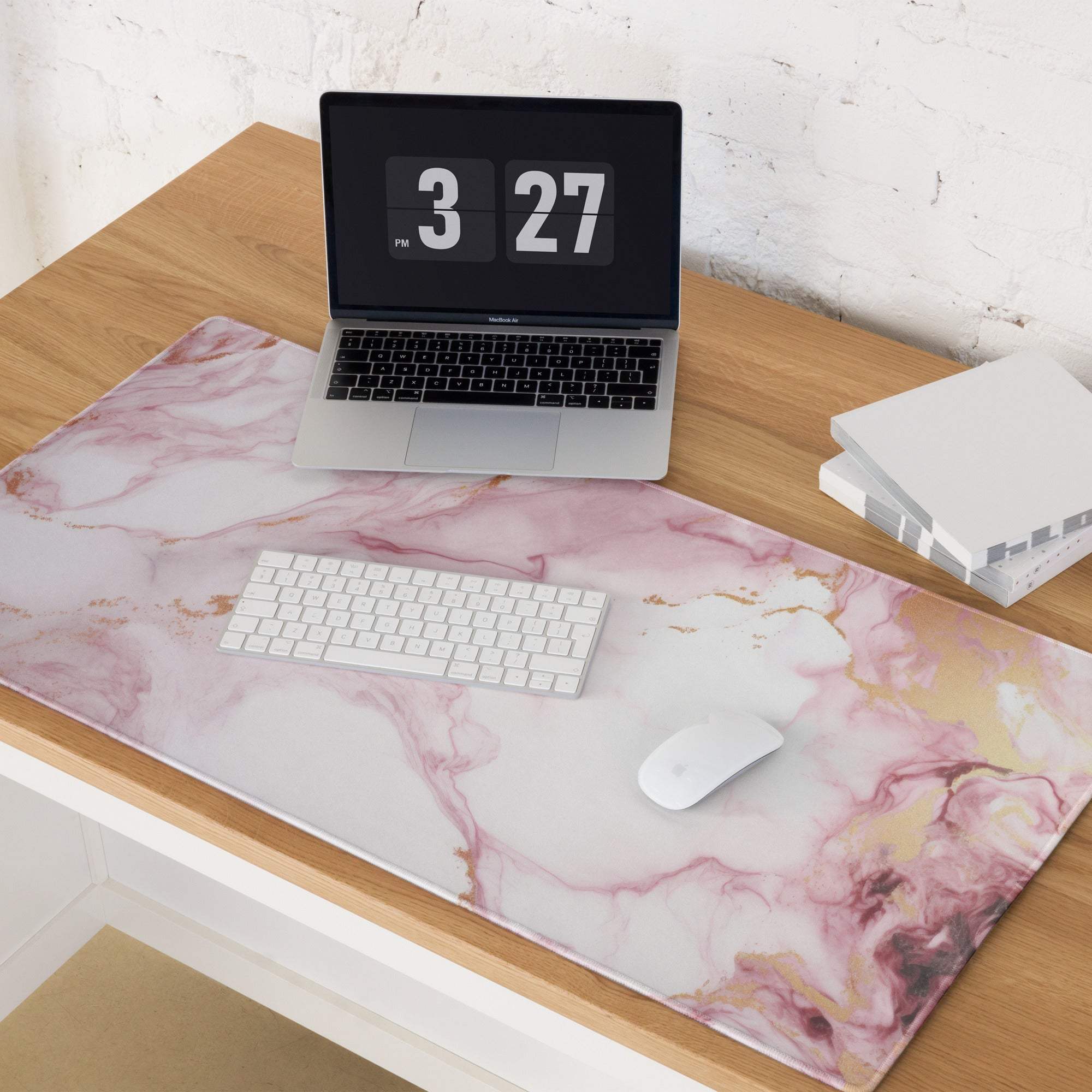 Elegant pink marble gaming mouse pad with gold veins large non-slip