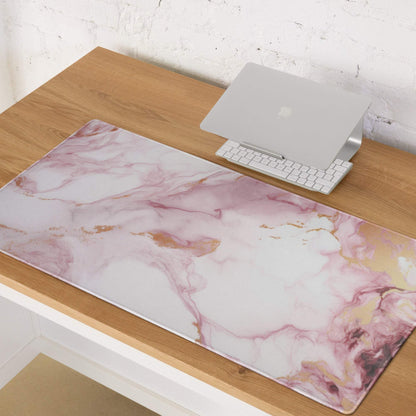 Elegant pink marble gaming mouse pad with gold veins on wooden desk