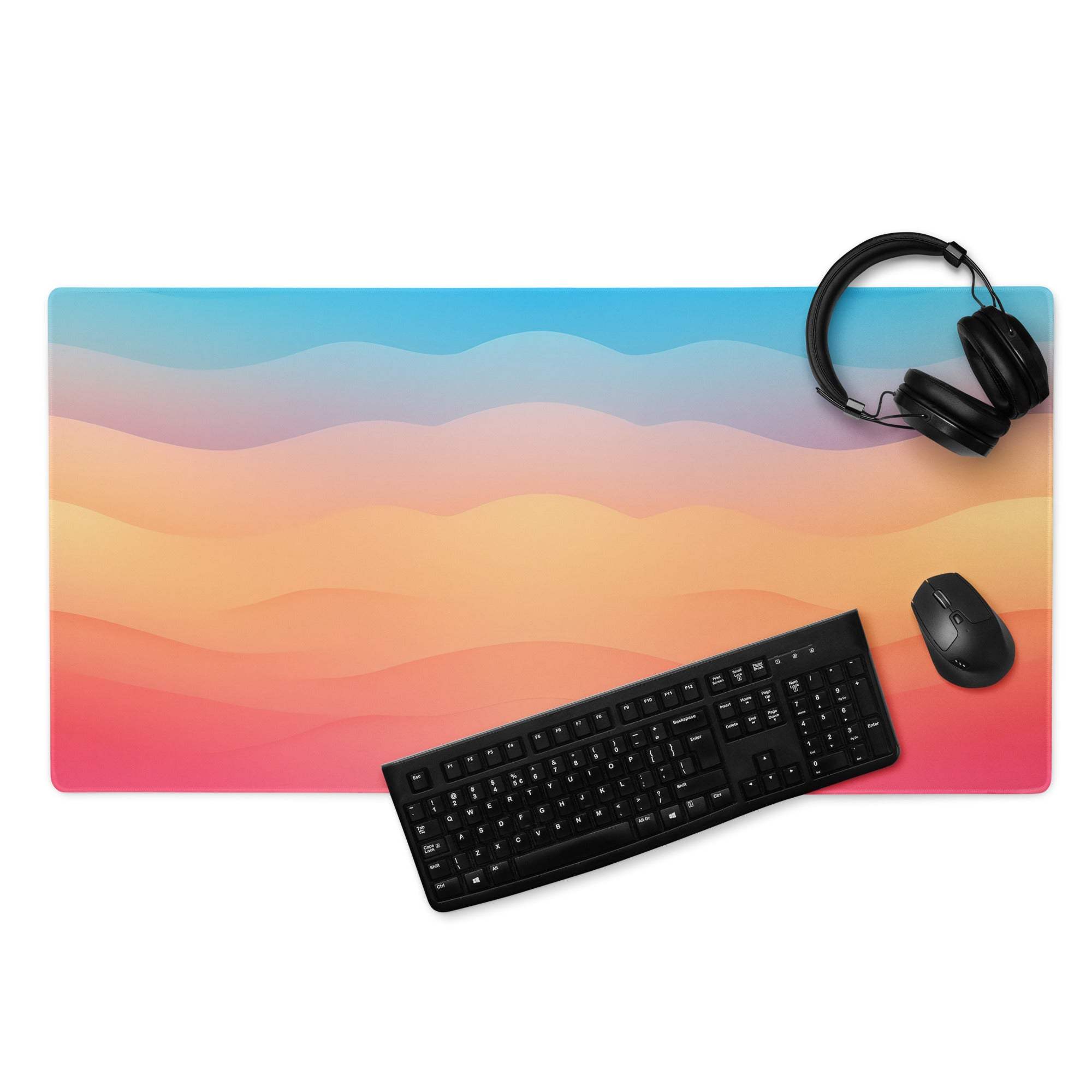 Vibrant sunset gradient waves gaming mouse pad in pastel blue to peach pink