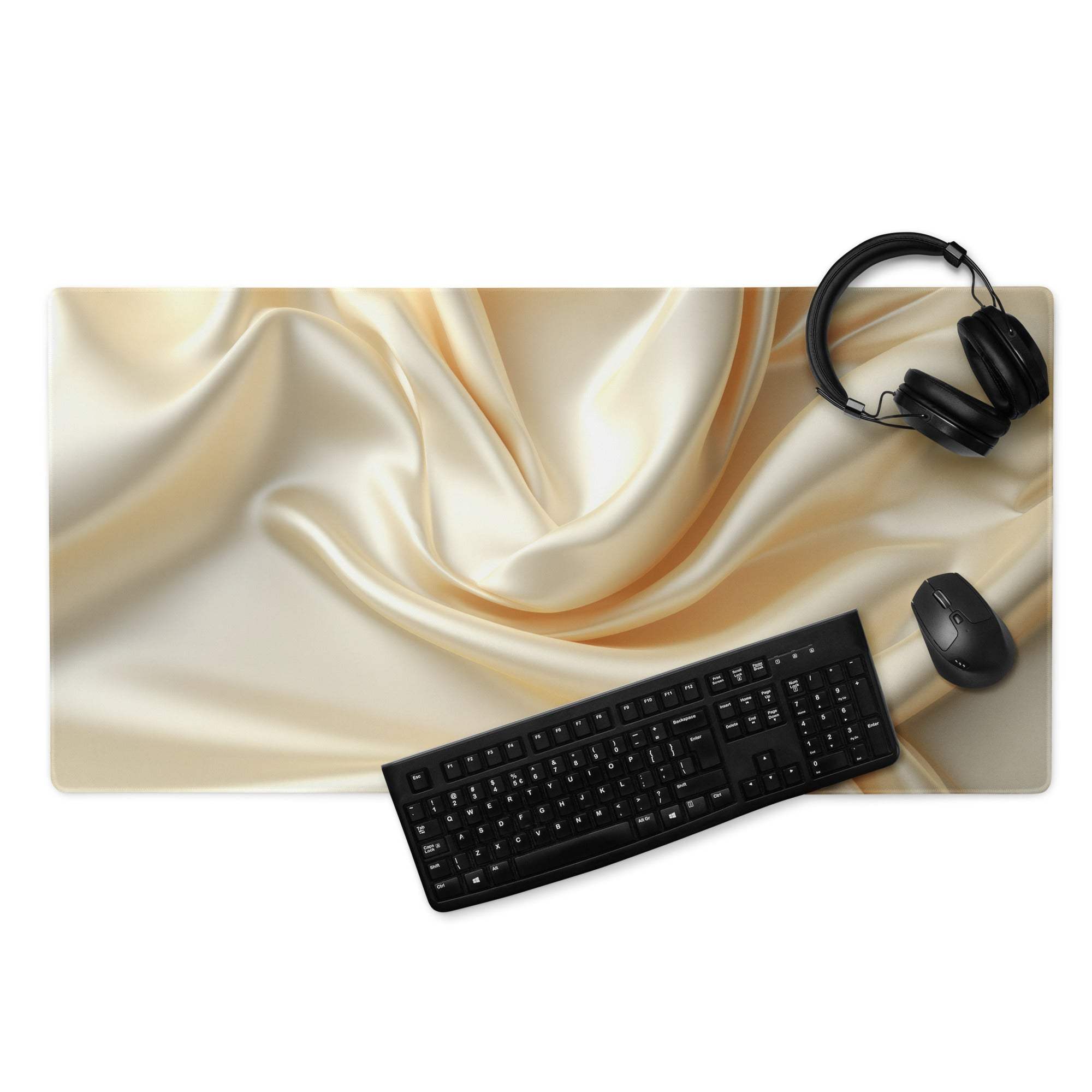 Elegant satin gold gaming mouse pad with cream glossy fabric, non-slip backing