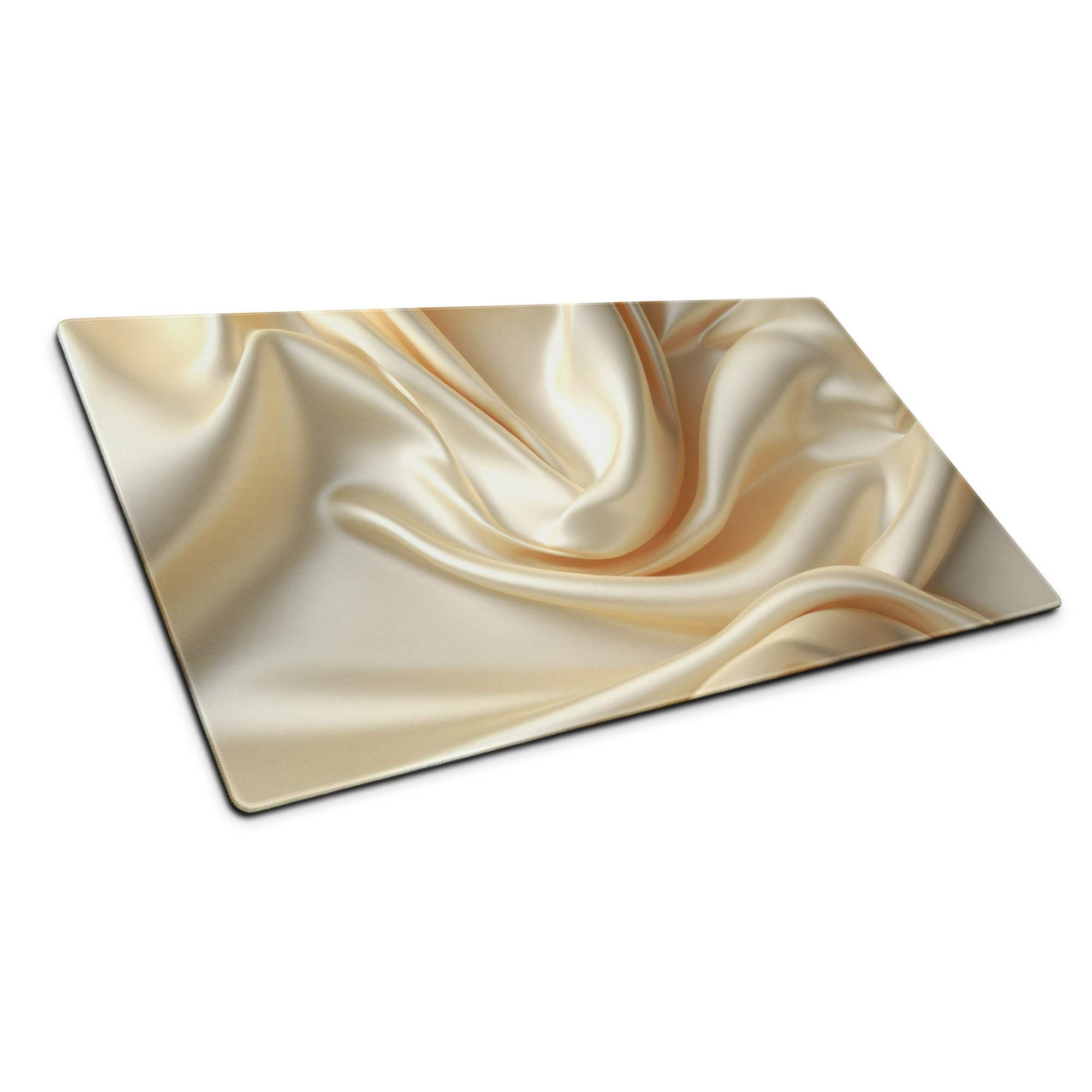 Elegant satin gold gaming mouse pad with cream fabric on glass cutting board